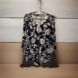 Lildy Blouse Top Tunic 3/4 Sleeve V Neck Floral Stretch Womens Size L/XL Soft